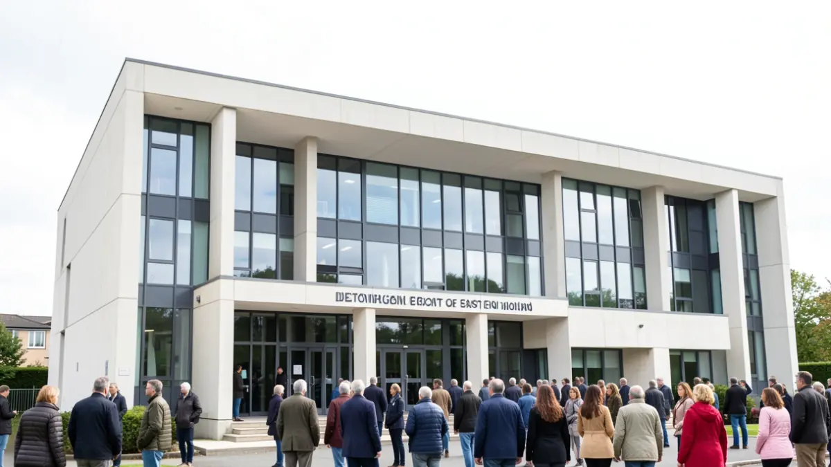 Generic image of a modern local government building facade under an overcast sky.