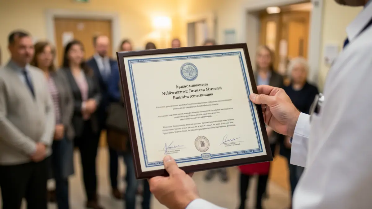 Generic image of a medical award certificate being held.