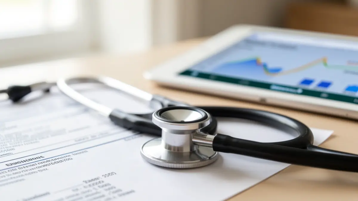 Generic image of a medical stethoscope on patient records.