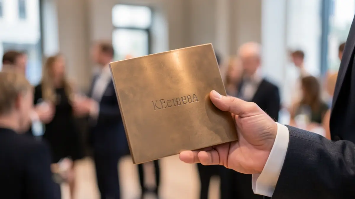 Close-up of a bronze plaque at an awards ceremony.