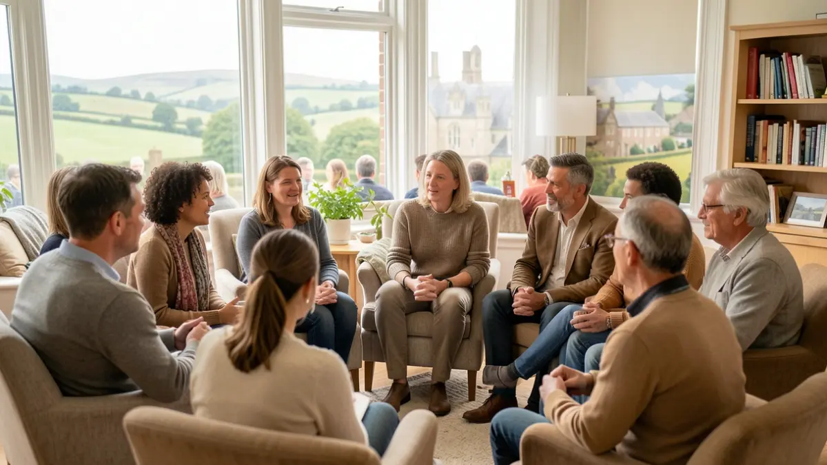 Generic image of a support group session in a comfortable room, with diverse individuals engaged in conversation and listening attentively.