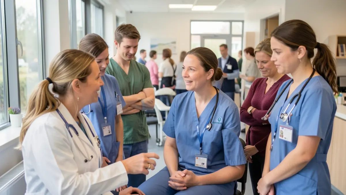 Generic image of healthcare professionals offering support and guidance in a clinic setting.