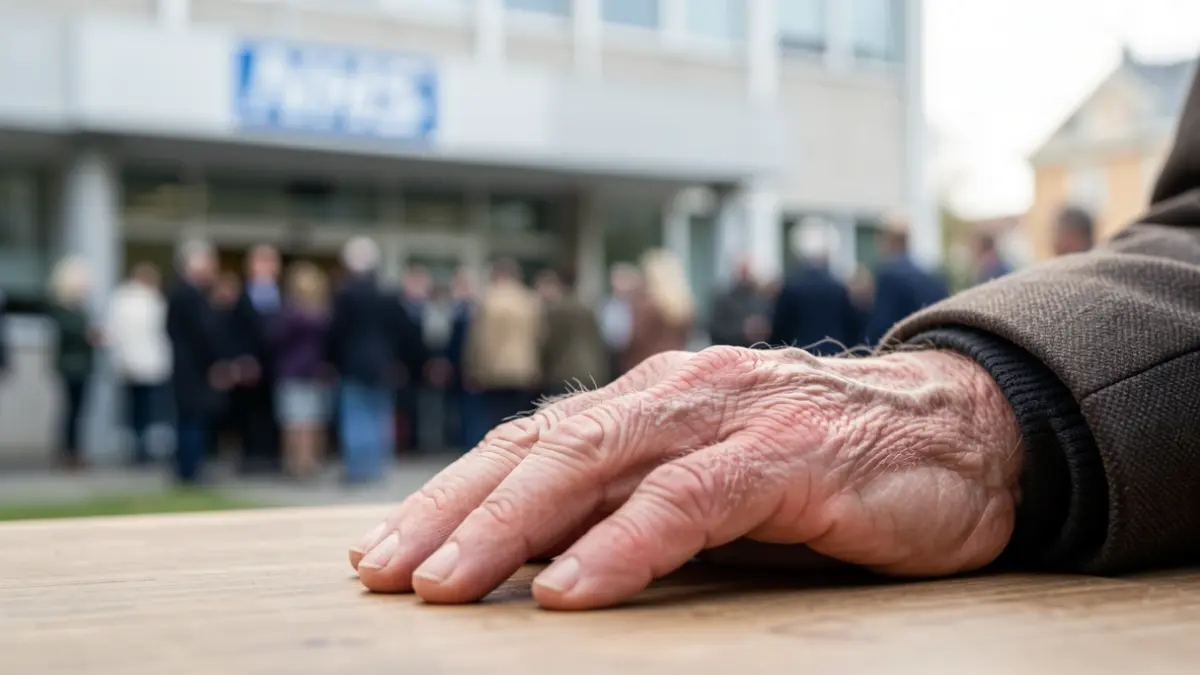 Close-up of a veteran's hand resting on a table, with a blurred NHS building in the background.