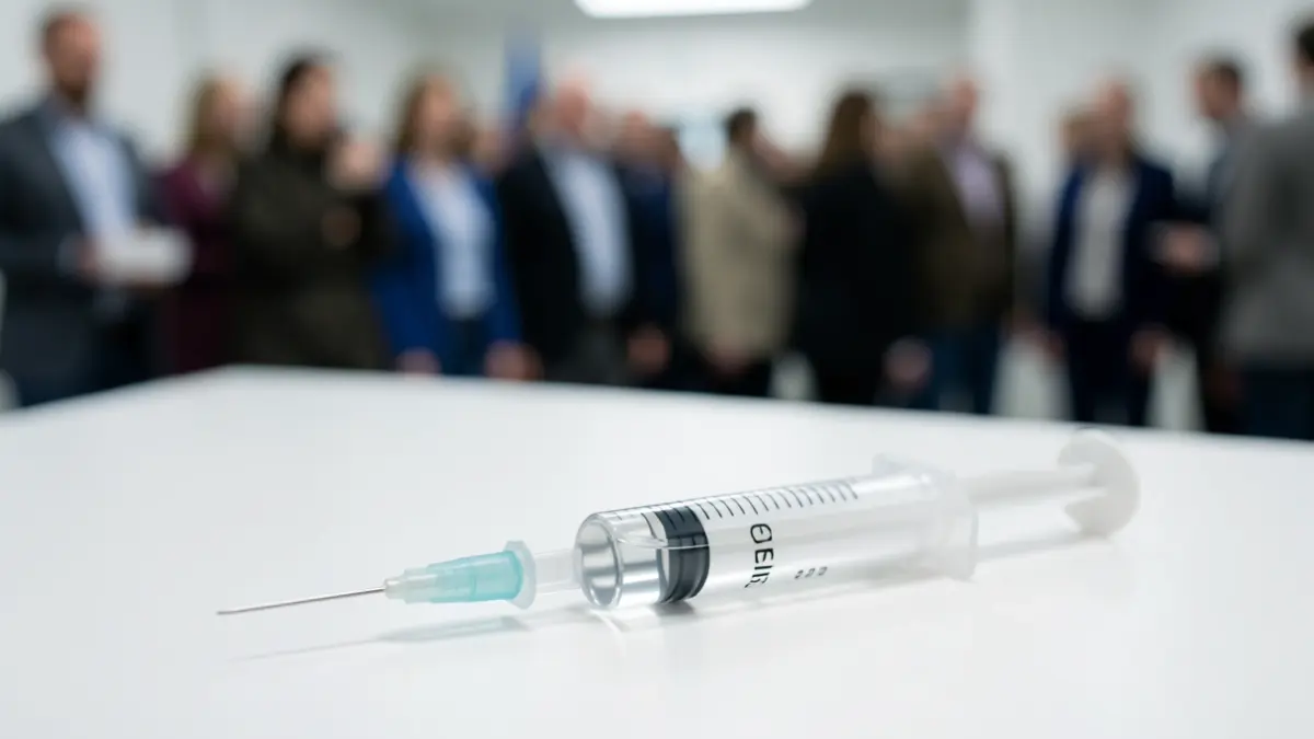 Close-up of a flu vaccine vial and syringe.