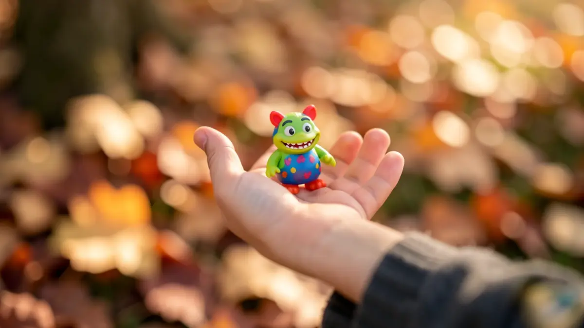 Generic image of a child's hand holding a toy monster, with a blurred background of autumn leaves.