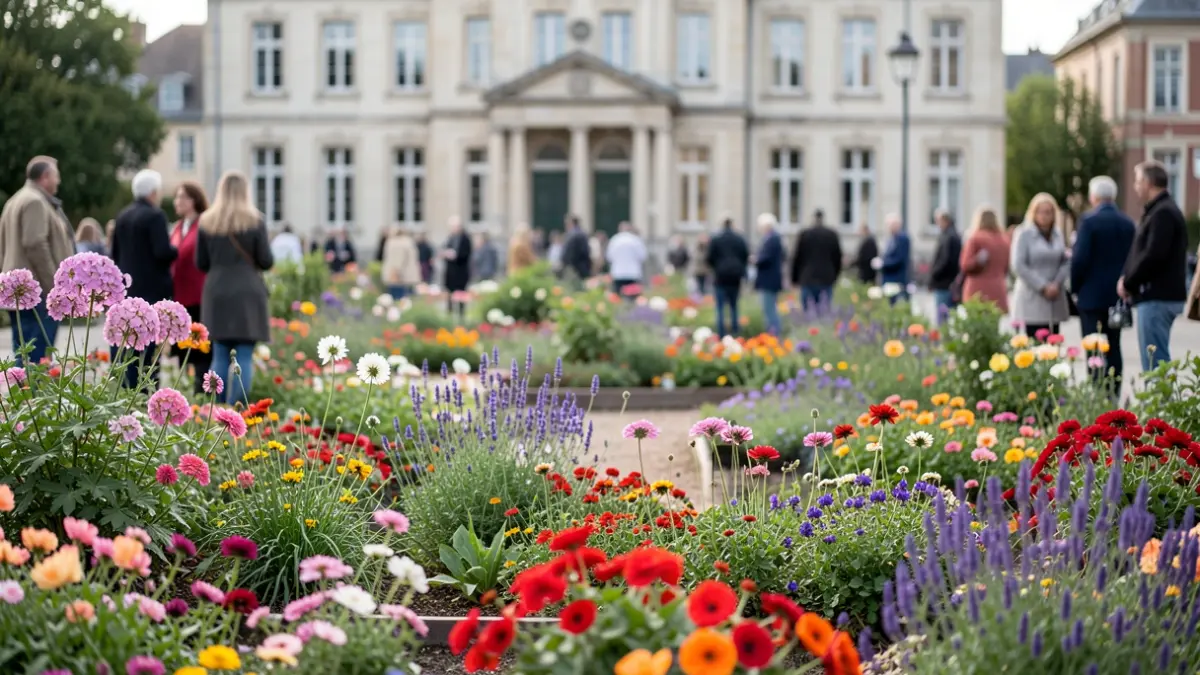 Generic image of a colourful floral display with a town hall in the background.