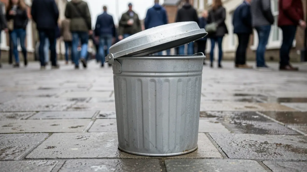 A silver food waste caddy on a wet pavement in overcast daylight.