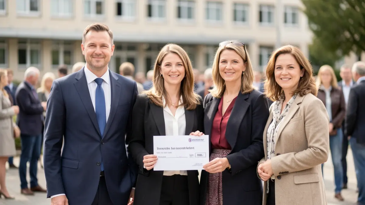 Generic image of people gathered outdoors, one holding a cheque, with a hospital building in the background.