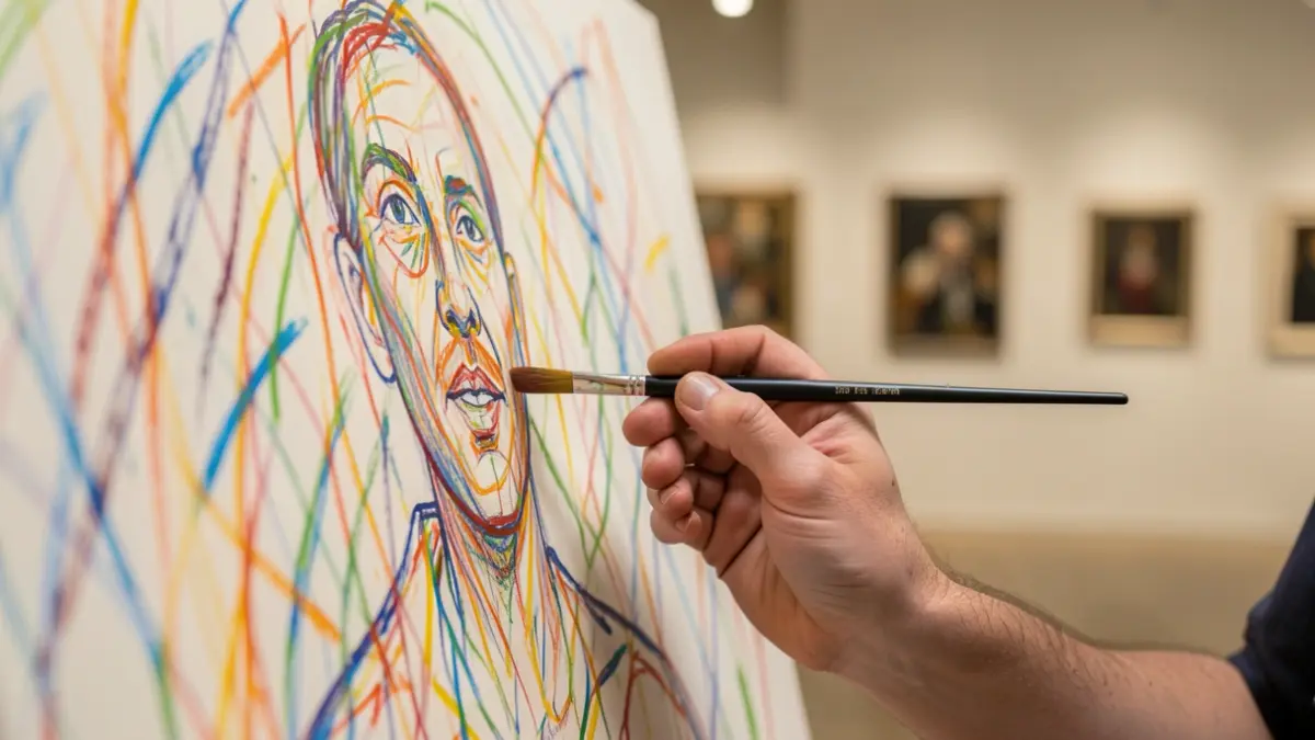 A hand painting a self-portrait with abstract lines, in an art gallery setting.