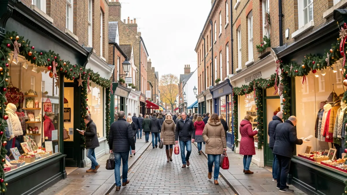 Generic image of a British town centre decorated for the festive season, with shops and people.