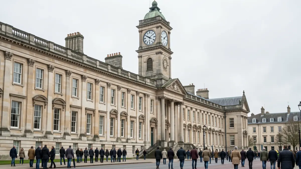 Generic image of an empty government building facade with a stalled clock tower under overcast skies.