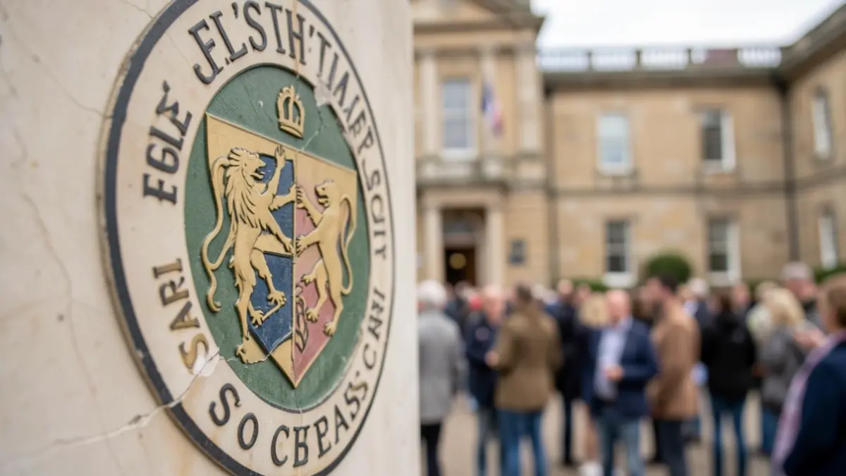 Generic image of a school emblem and a town hall facade.