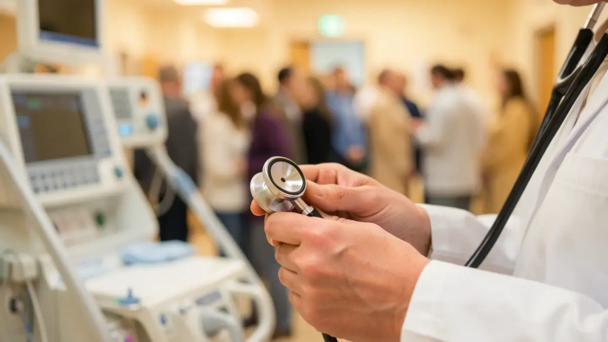 Close-up of hands holding a stethoscope in a hospital setting.