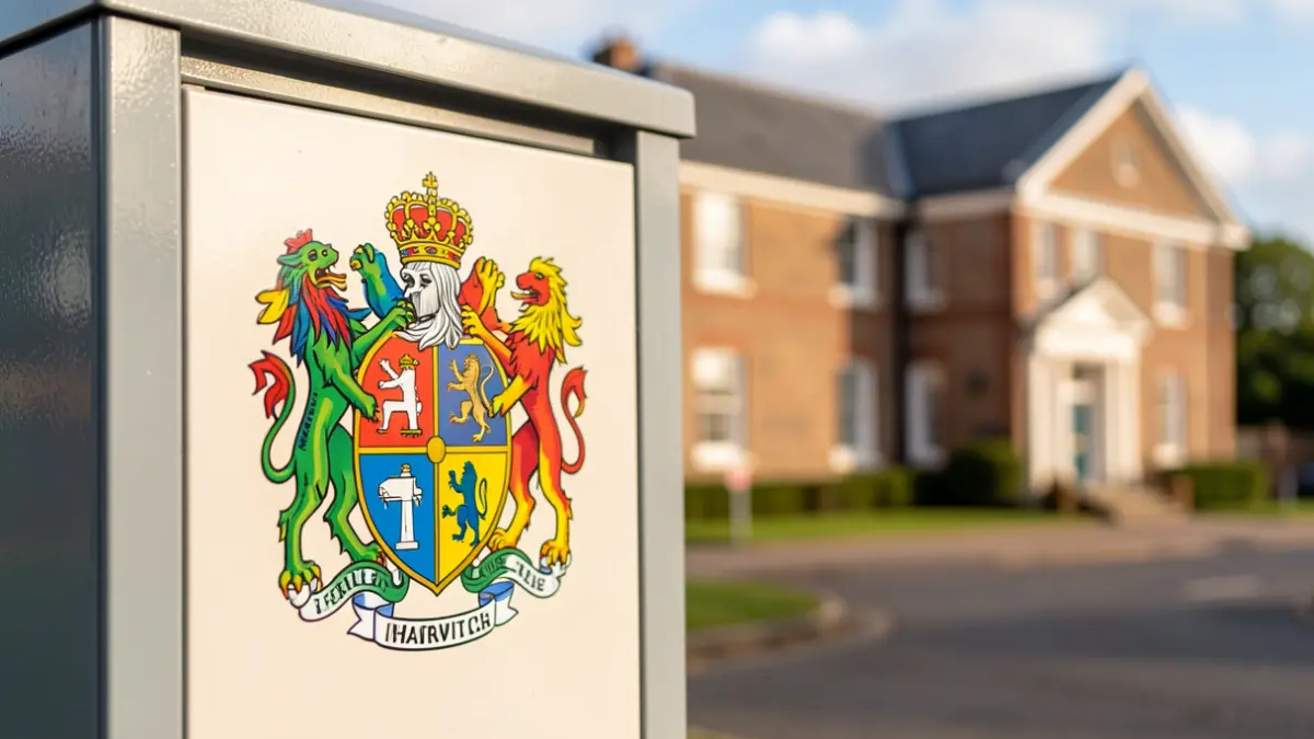 A newly designed coat of arms for Harwich displayed on a utility box outside the town's library.