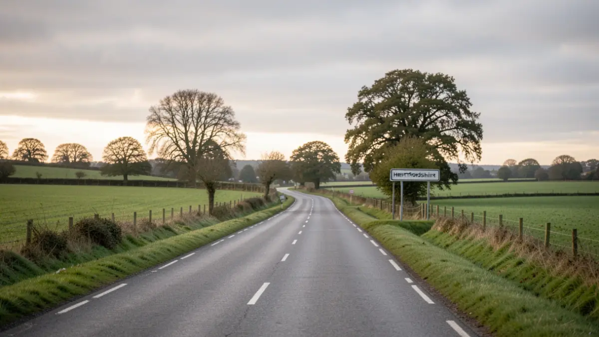 A county road in Hertfordshire under a soft, overcast sky, with green fields and a signpost.