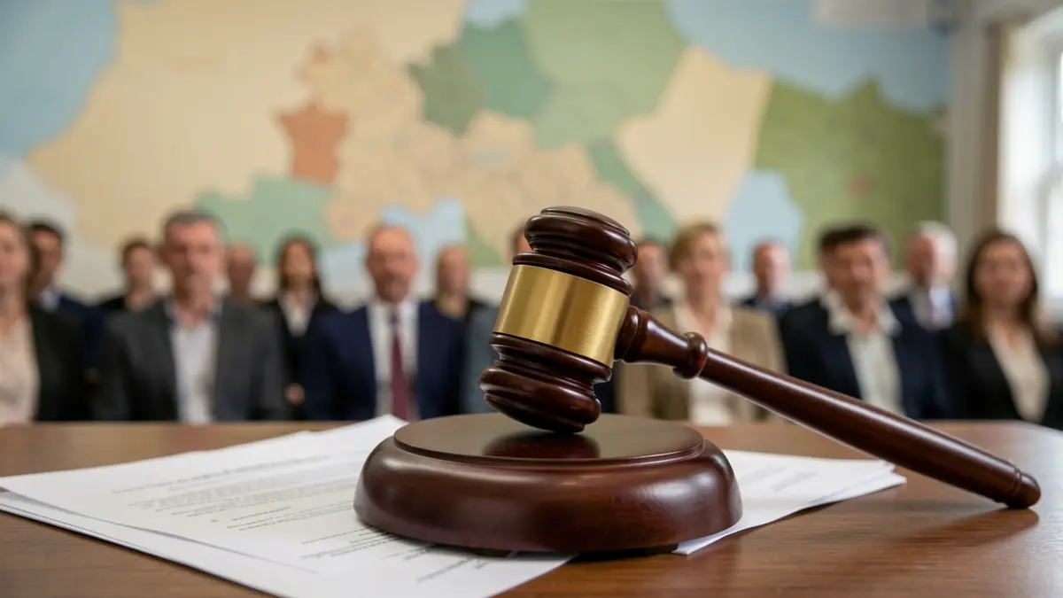Generic image of a gavel on official documents with blurred maps in the background.