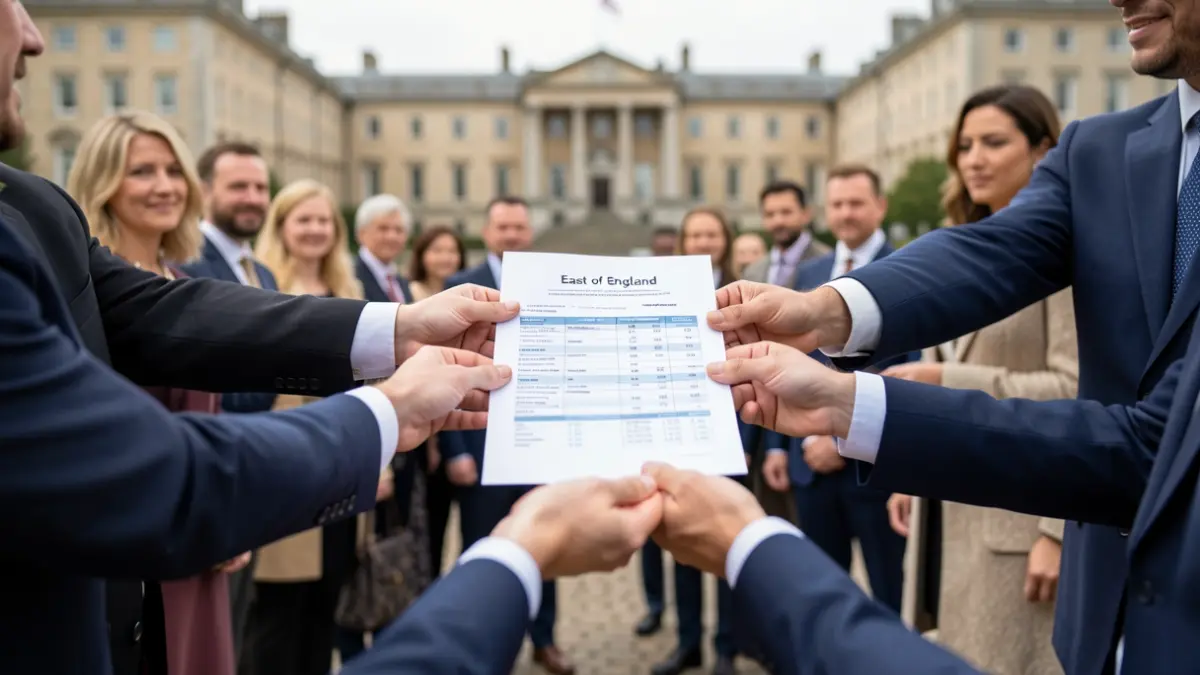 Generic image of diverse hands reaching towards a document, with blurred government buildings in the background.