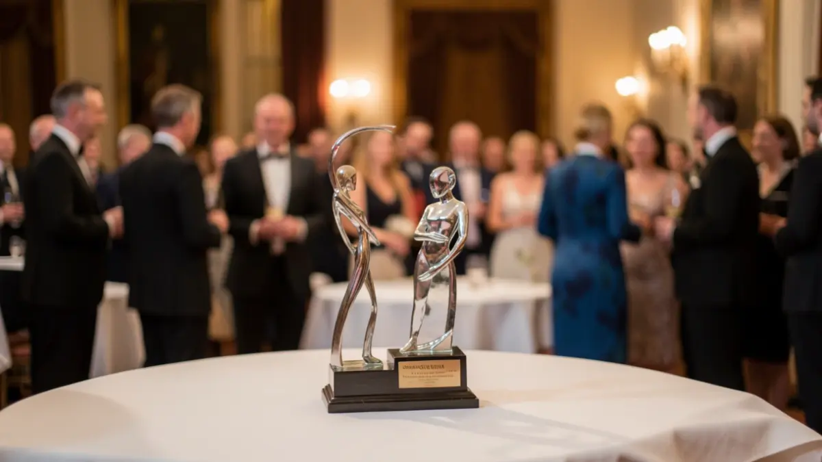 Generic image of a trophy on a table at an awards ceremony, with blurred guests in the background.