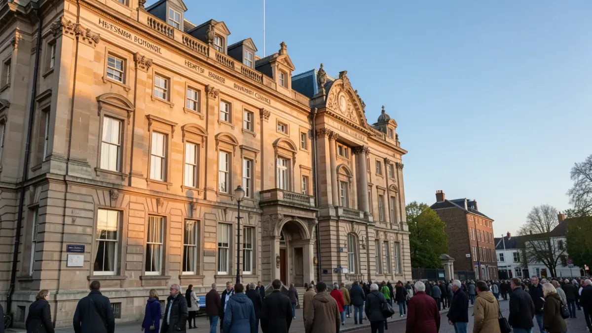 The Hertsmere Borough Council building facade under late afternoon sun.