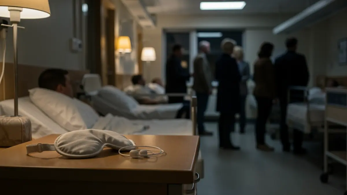 Hospital bedside table with sleep aids like an eye mask and earplugs.
