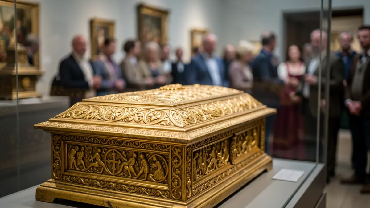 Generic image of a replica medieval gold tomb with intricate decorations, displayed in a museum setting with soft lighting.