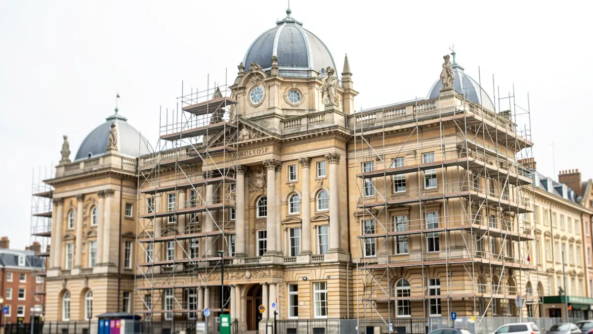 Generic image of a historic building undergoing restoration, with scaffolding and a cloudy sky.