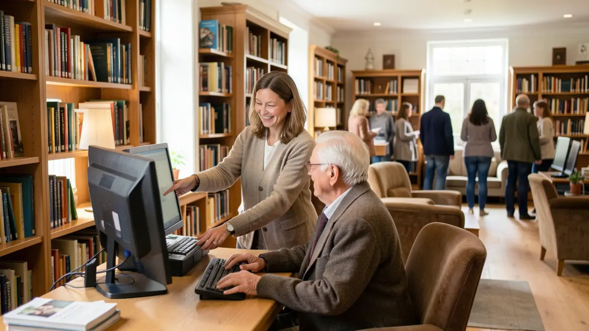 Generic image of a library setting with a librarian helping someone use a computer.