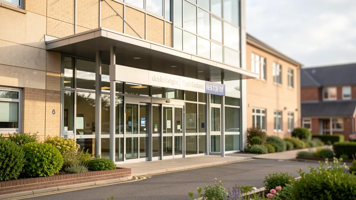 Generic image of a modern hospital entrance with landscaping.