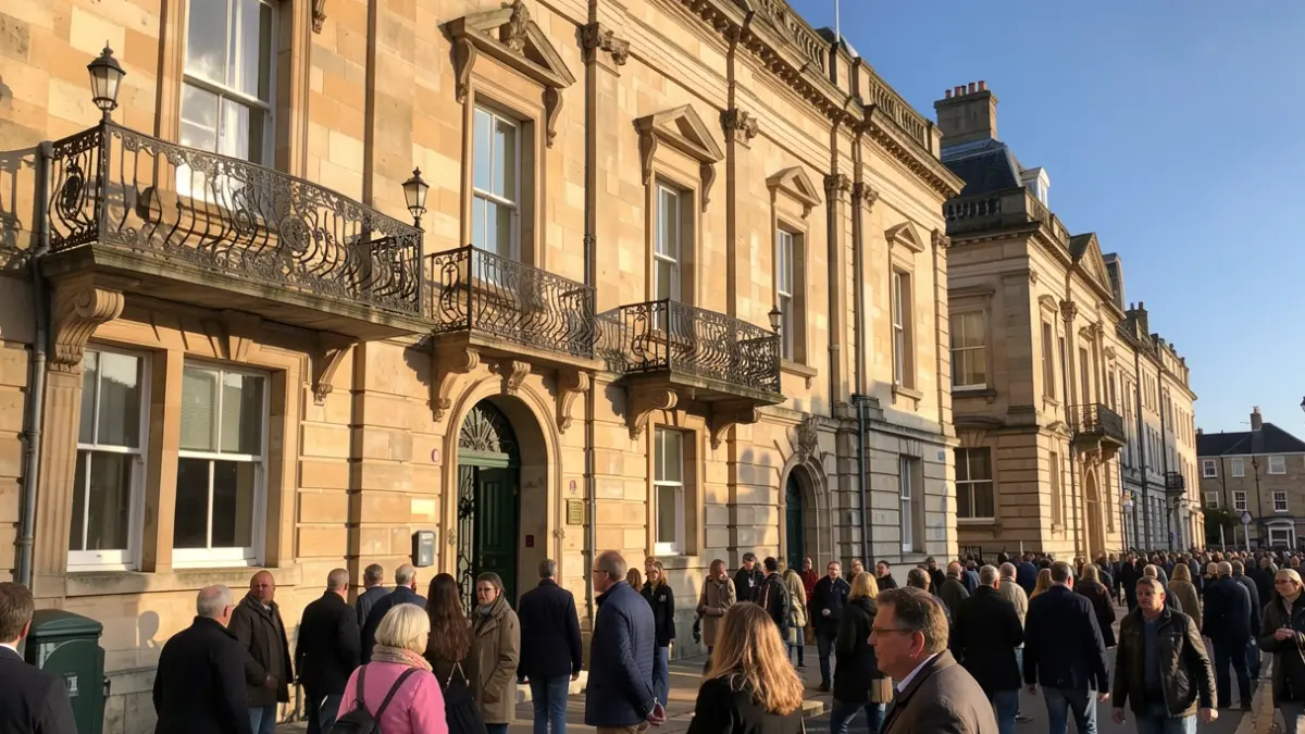 Generic image of a traditional stone town hall facade with an ornate balcony and iron railings, bathed in warm afternoon sunlight under a blue sky.