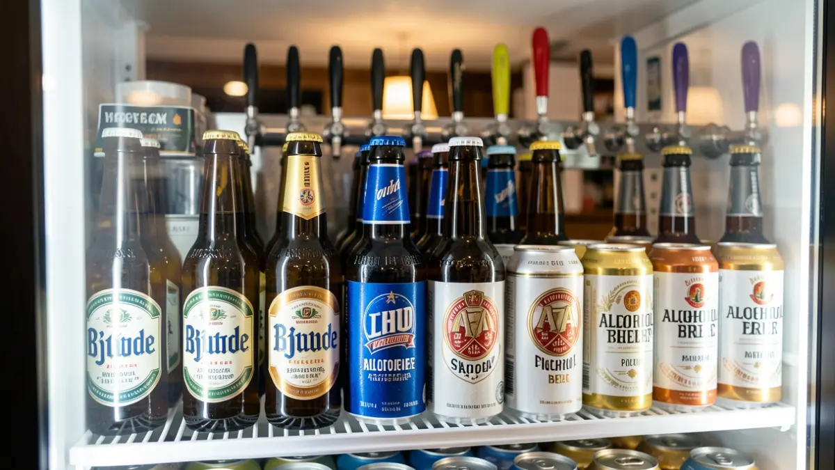 Alcohol-free beer options displayed in a pub fridge.