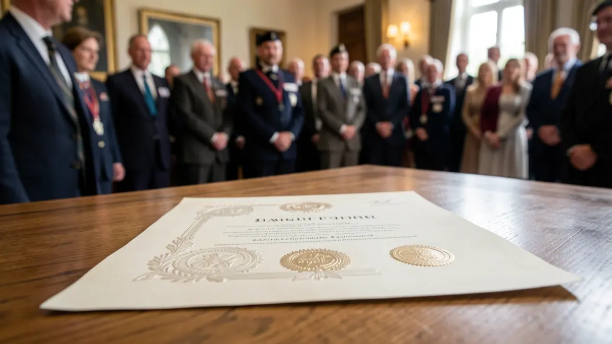 A certificate of appreciation being presented at a remembrance service.
