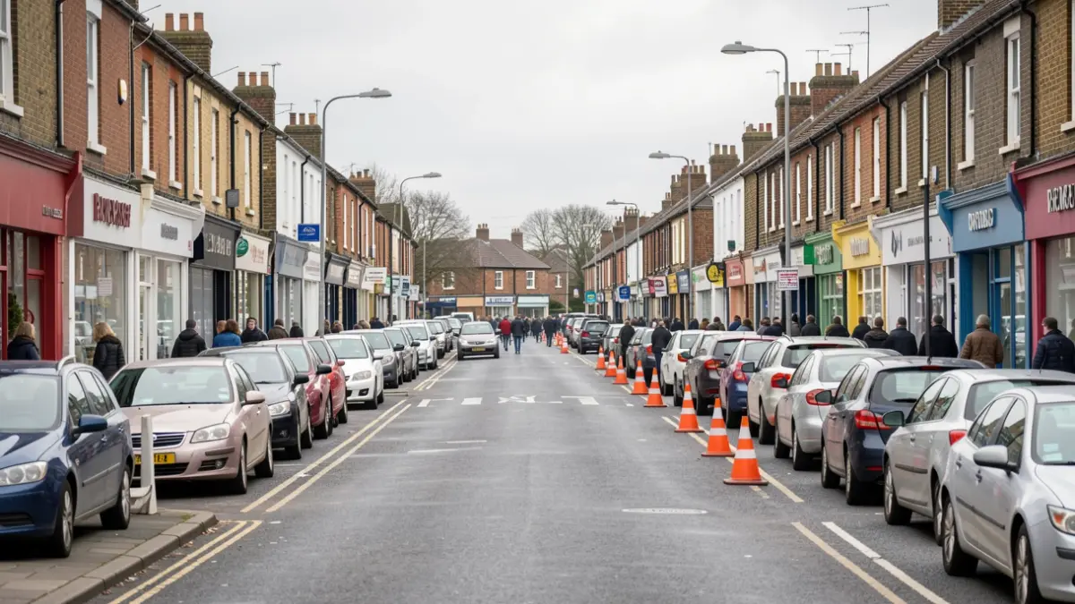 Street scene in Bury Park, Luton, with traffic management measures.