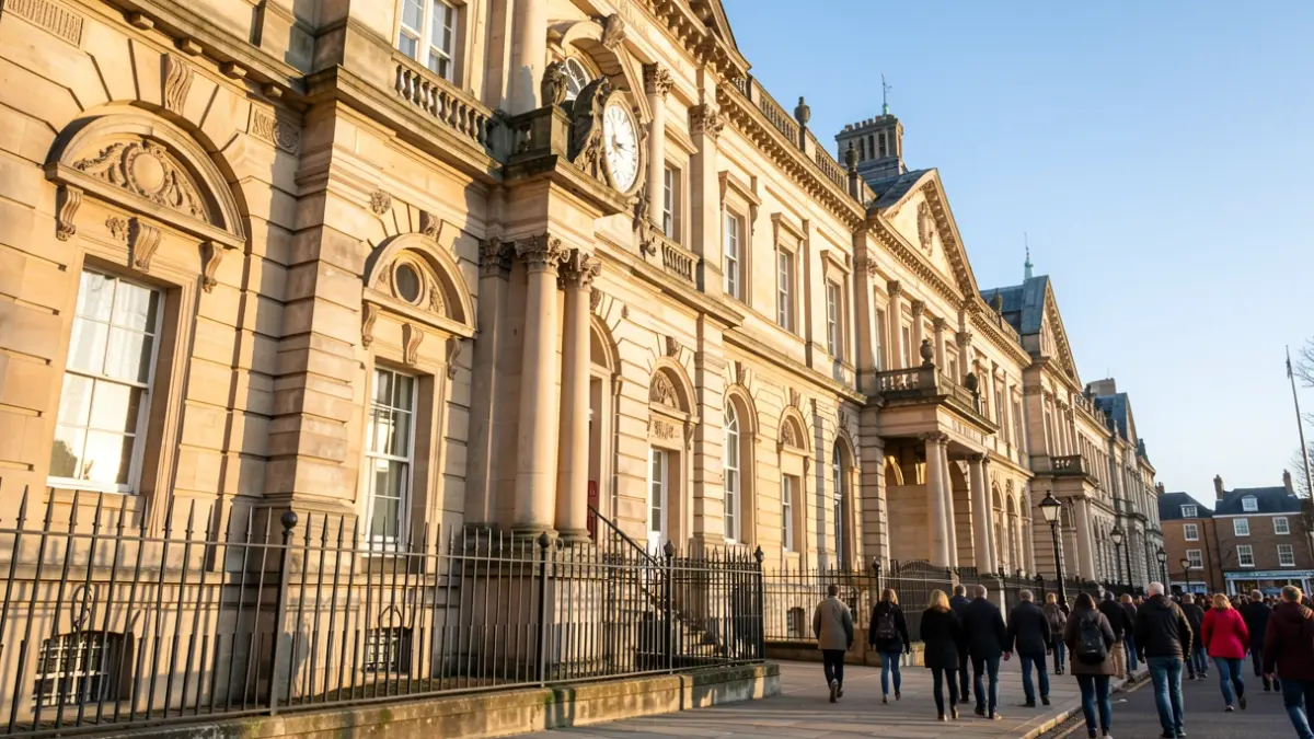 Generic image of the stone facade of a town hall with ornate architectural details and iron railings, bathed in warm afternoon sunlight under a clear blue sky.
