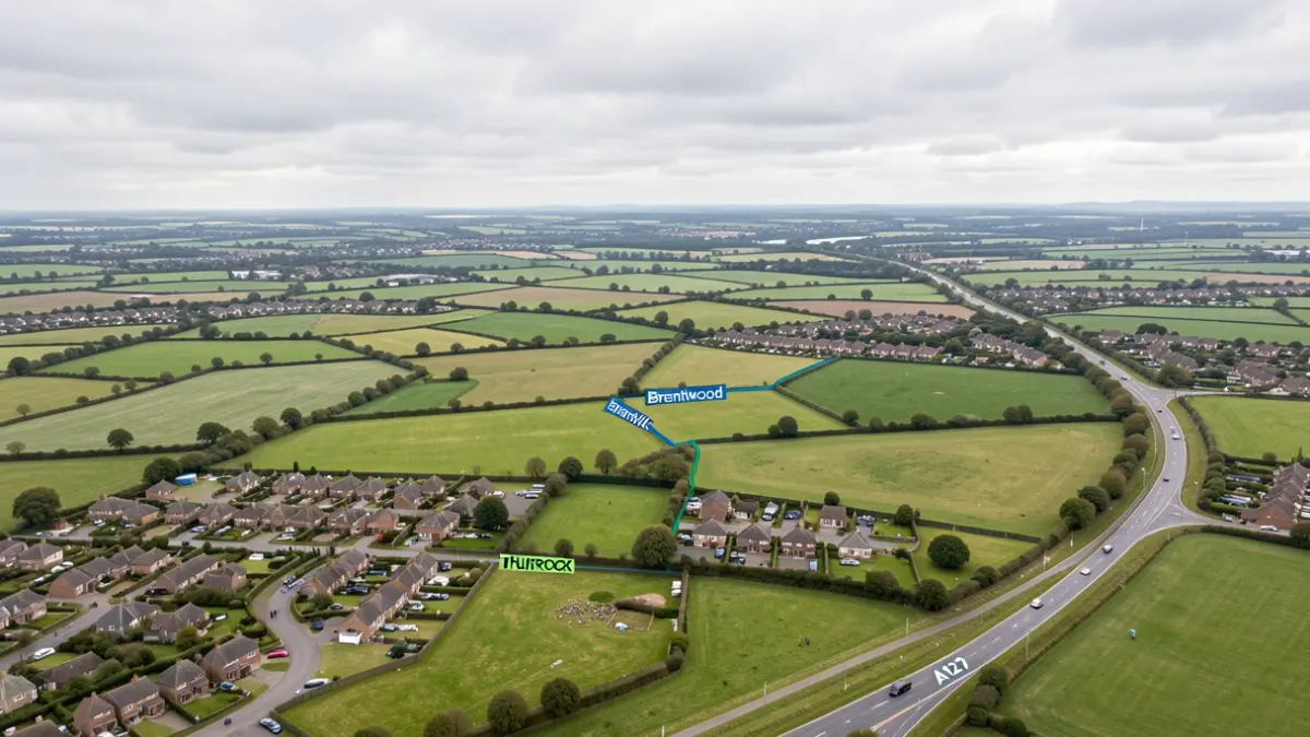 Aerial view of development proposals around West Horndon, Essex, highlighting distinct council areas and infrastructure.