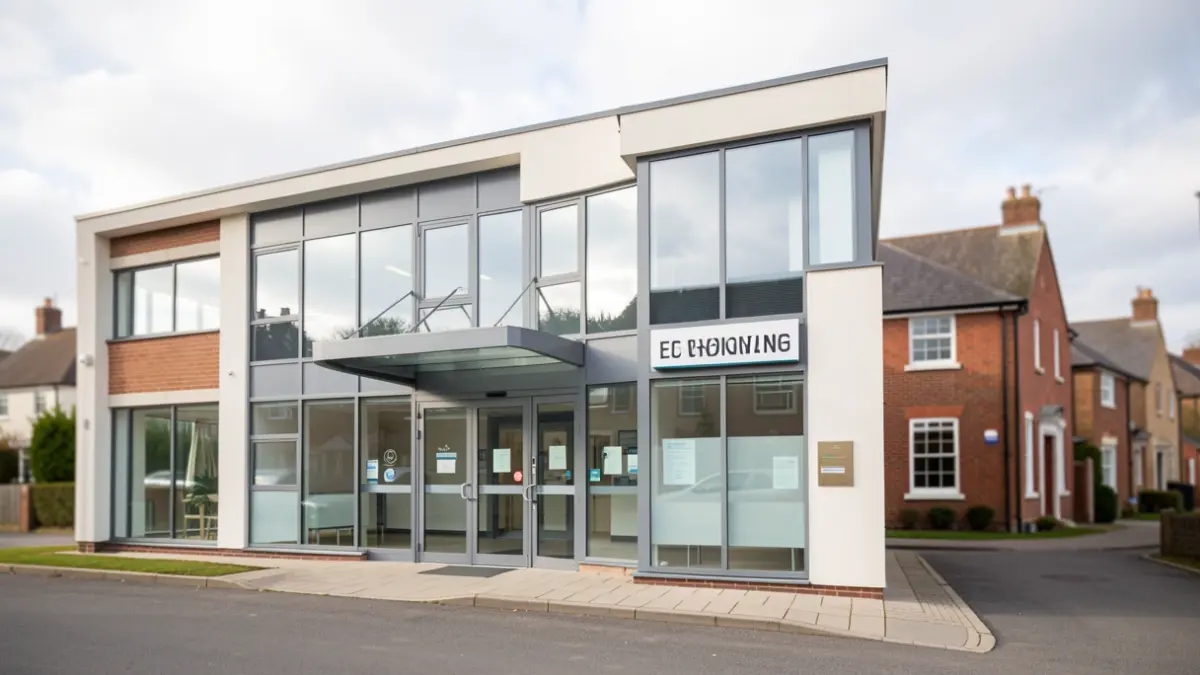 Generic image of a modern healthcare facility exterior with clear signage in an East of England town setting.