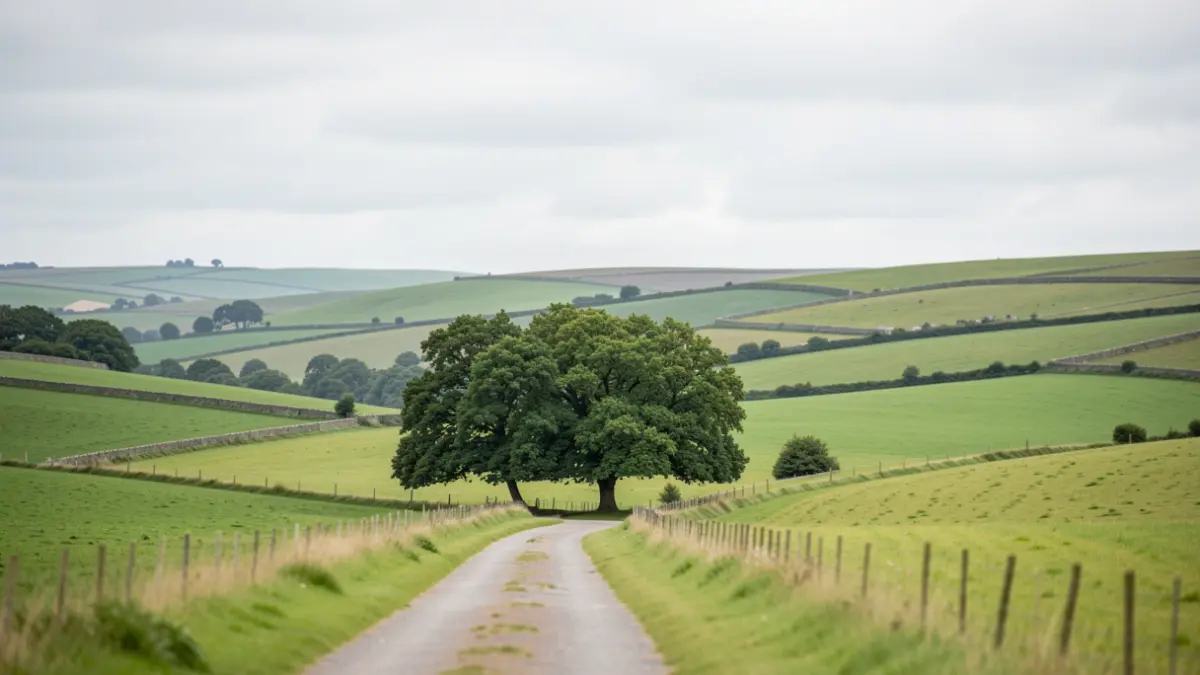 Generic image of a peaceful East of England countryside scene with a path and trees under a soft sky.