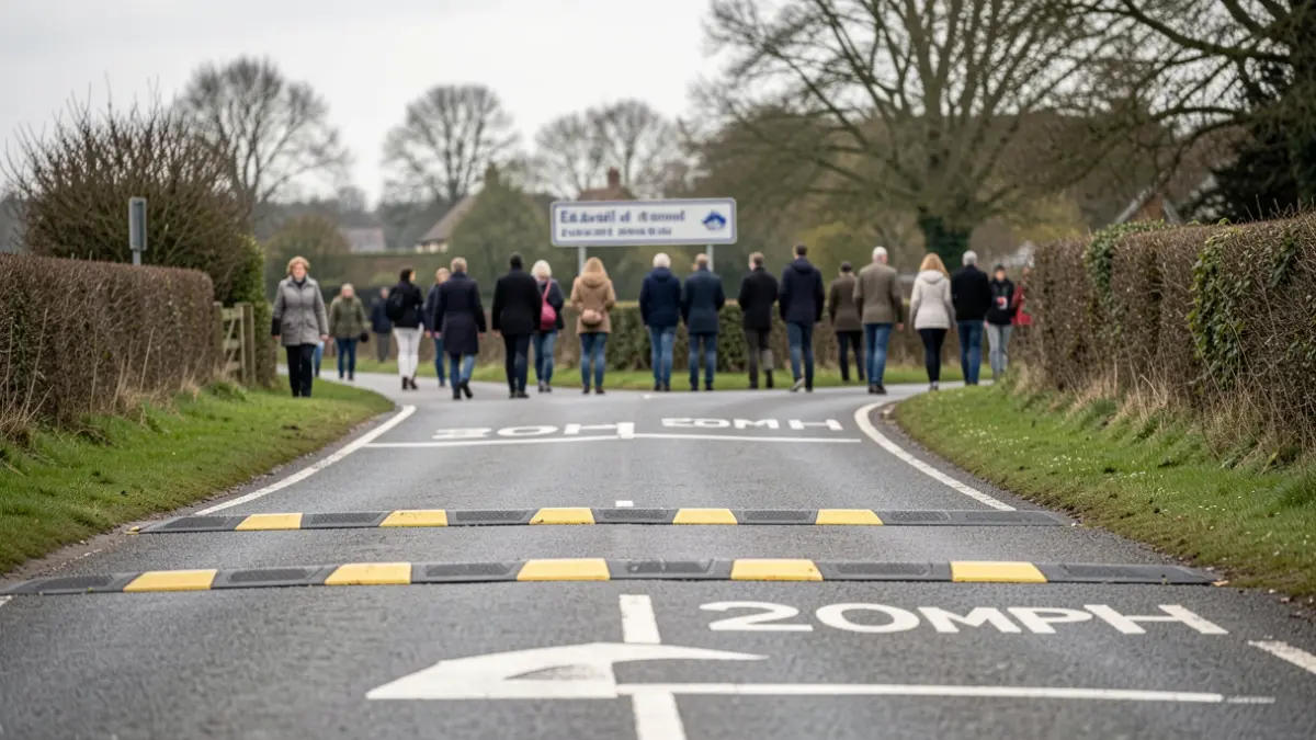 A rural road with speed bumps and 20mph markings in the East of England.