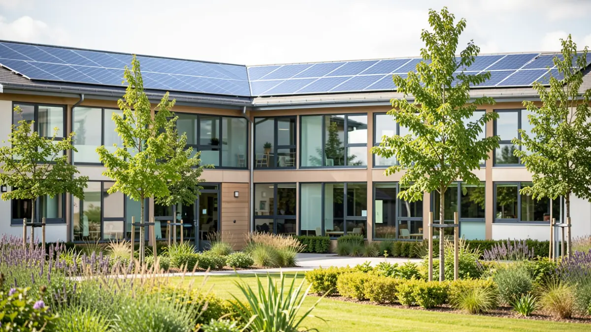 Generic image of a modern school building with sustainable features.