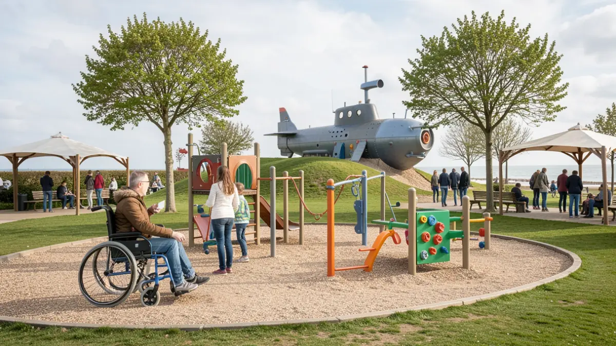 Generic image of a modern, inclusive playground with diverse play equipment and seating areas.