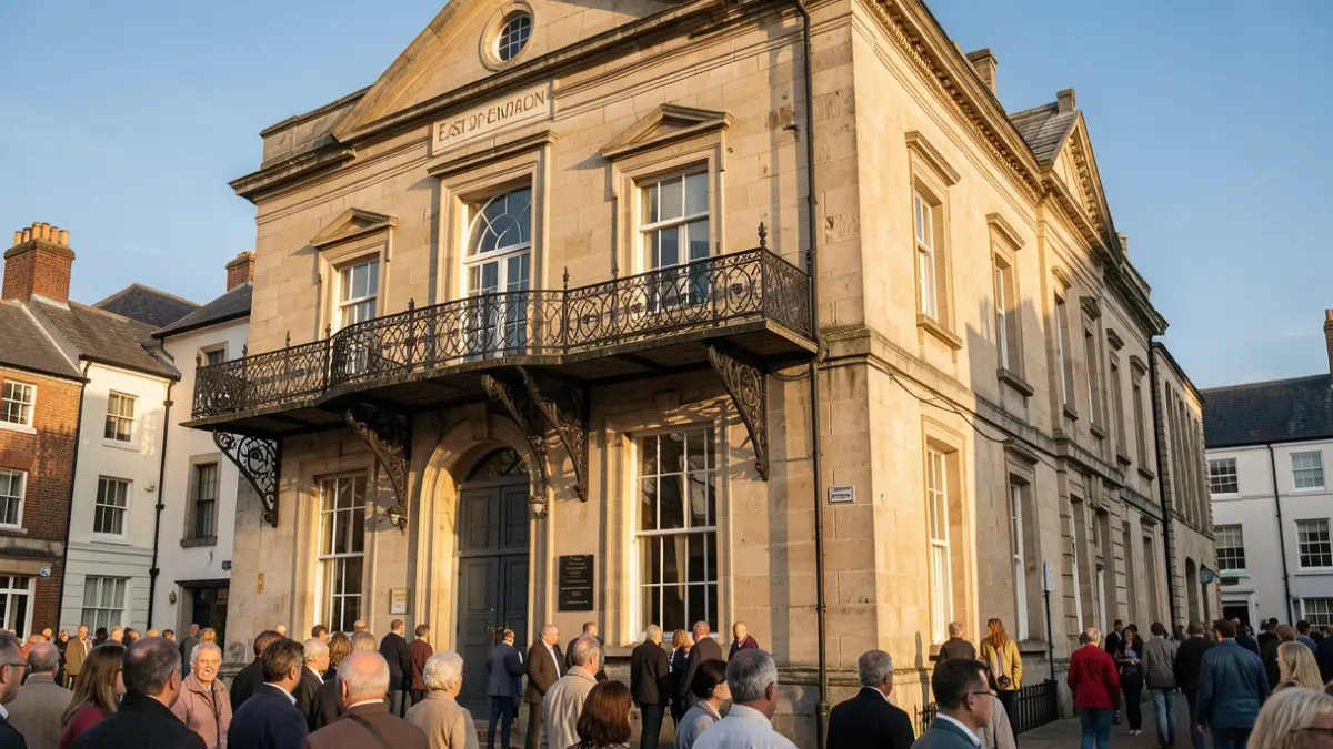 The stone facade of a town hall with an ornate balcony and railings, in warm afternoon sunlight.