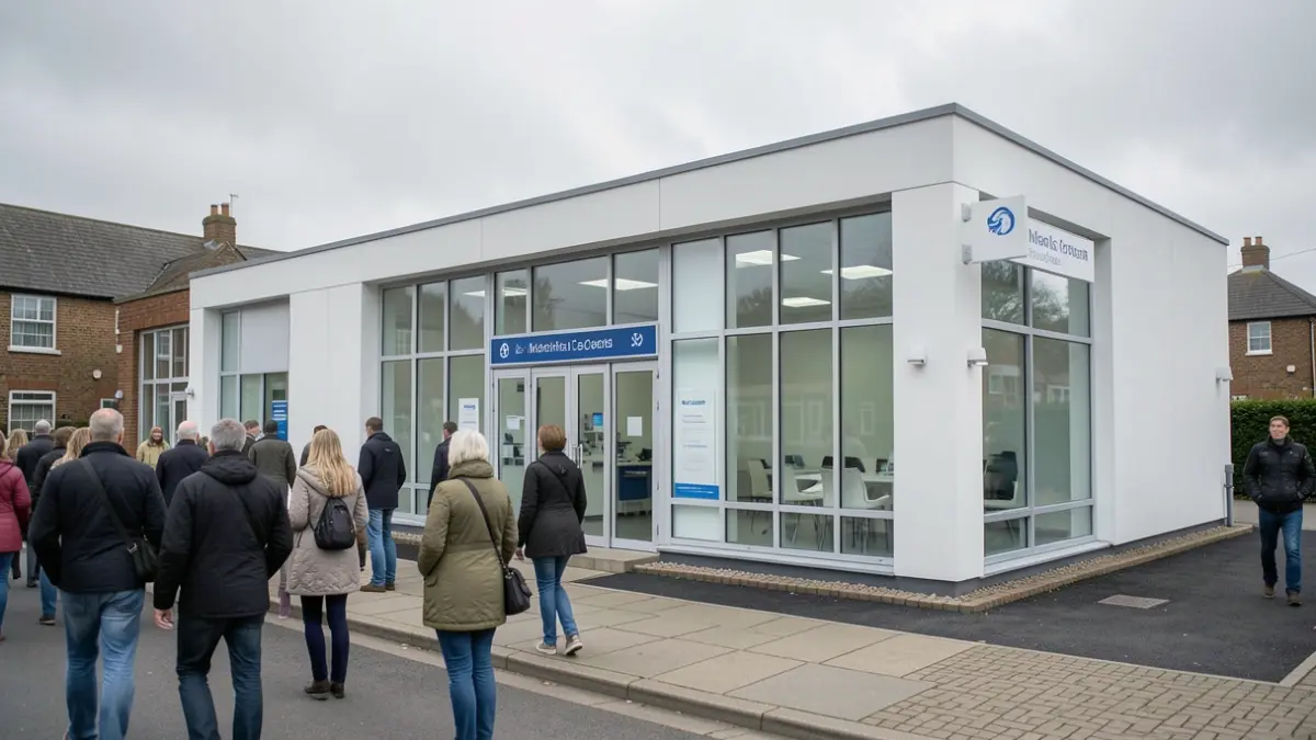 Generic image of a modern medical facility with large windows and clear signage under a soft, overcast sky.