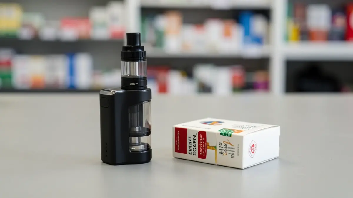 A vape device and cigarettes are displayed on a counter.