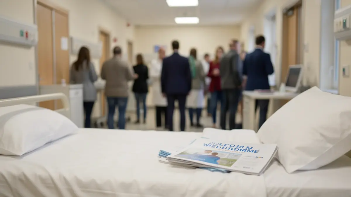 Generic image of a hospital bed with a welcome pack on the pillow.