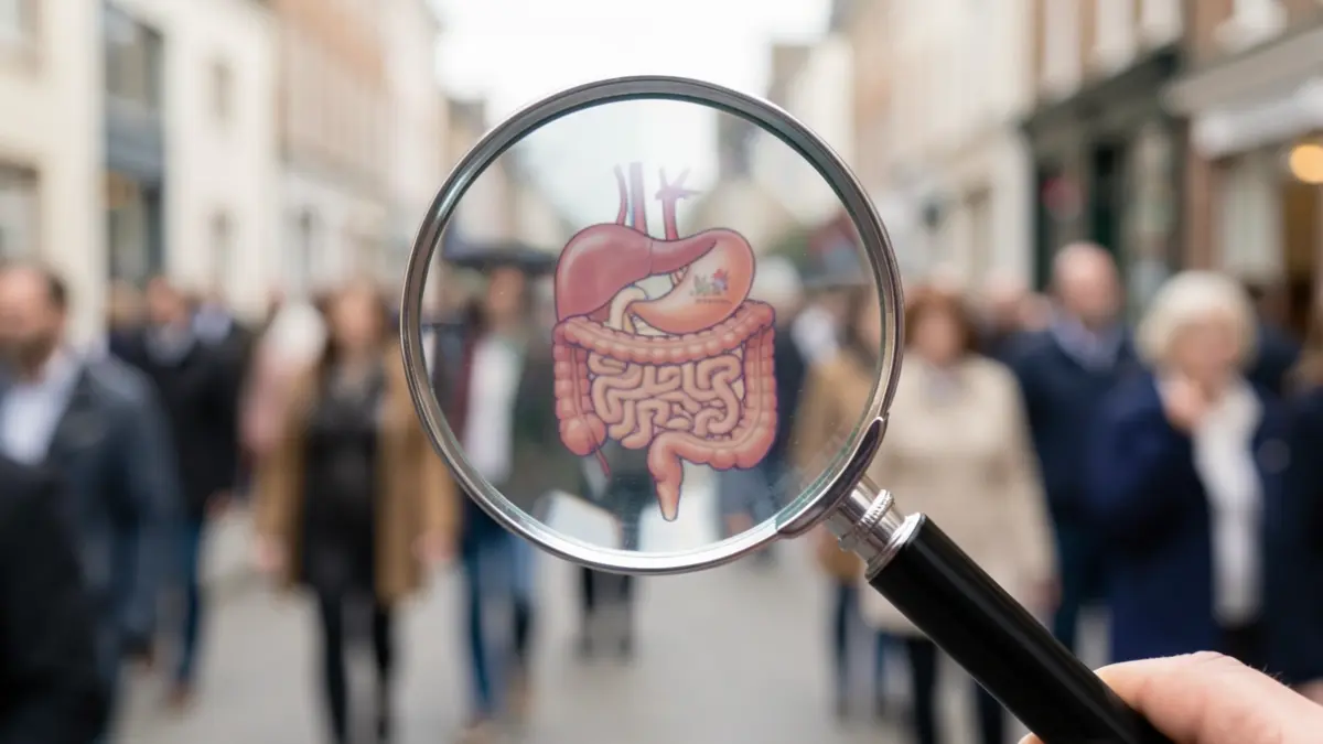 Generic image of a magnifying glass over a blurred medical diagram of the digestive system.