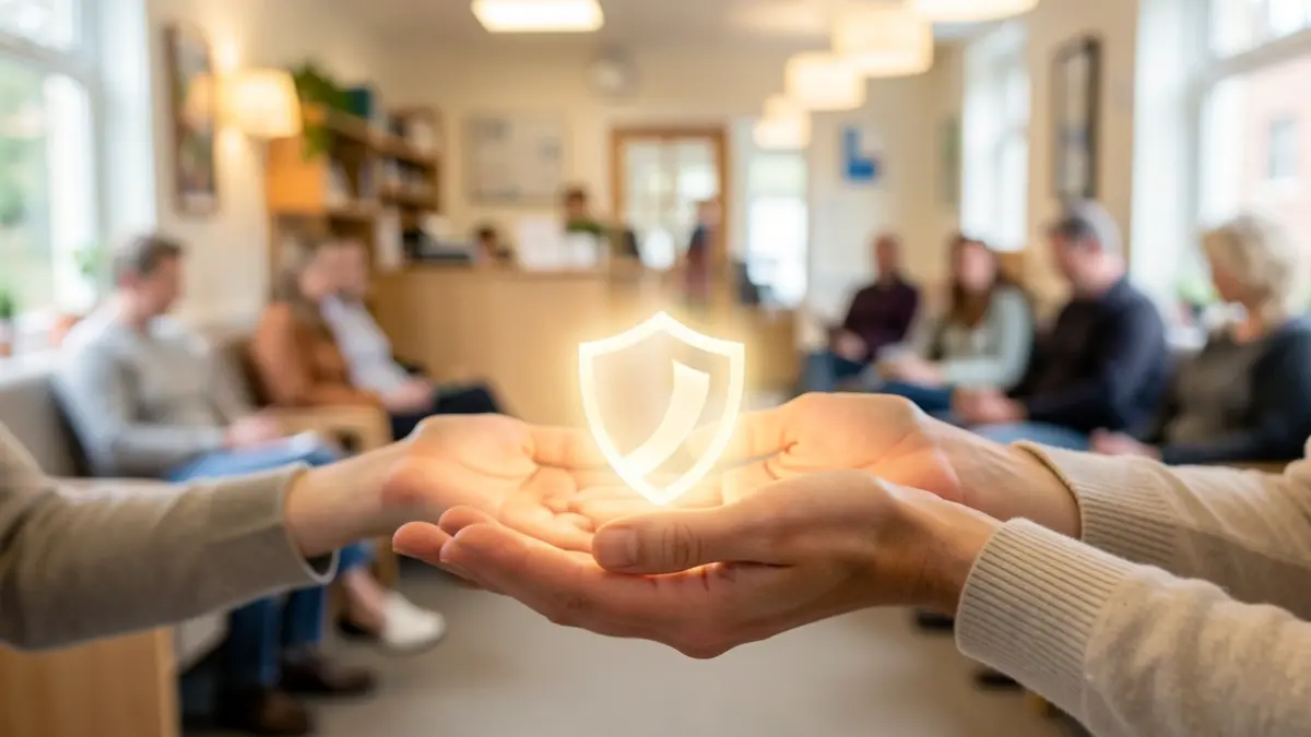 Generic image of a GP surgery waiting room with soft lighting and a symbol of protection.