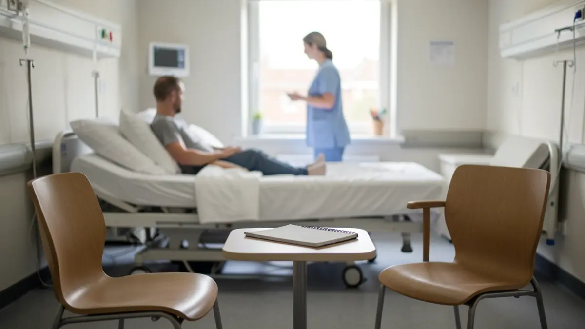 Generic image of an empty hospital ward with chairs and a table.