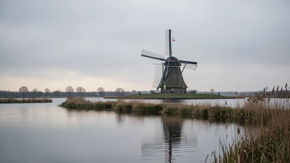 Generic image of a calm winter landscape with a windmill and water.