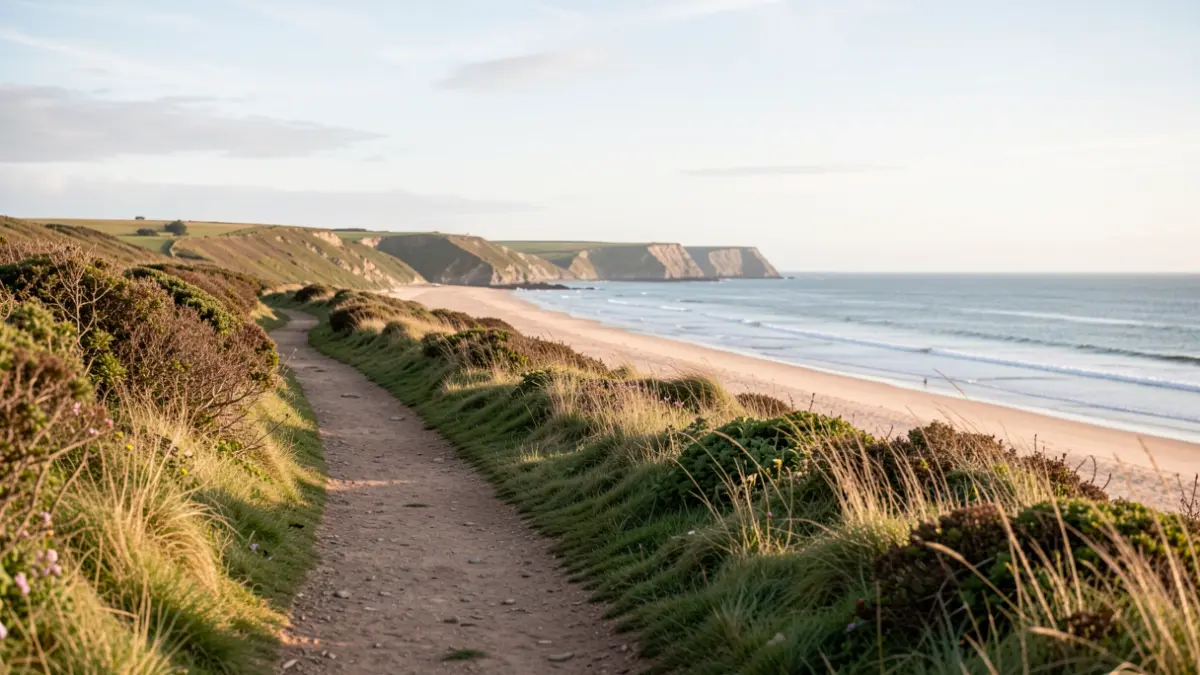 A scenic coastal path in Norfolk, England, with a well-trodden trail leading towards the sea.