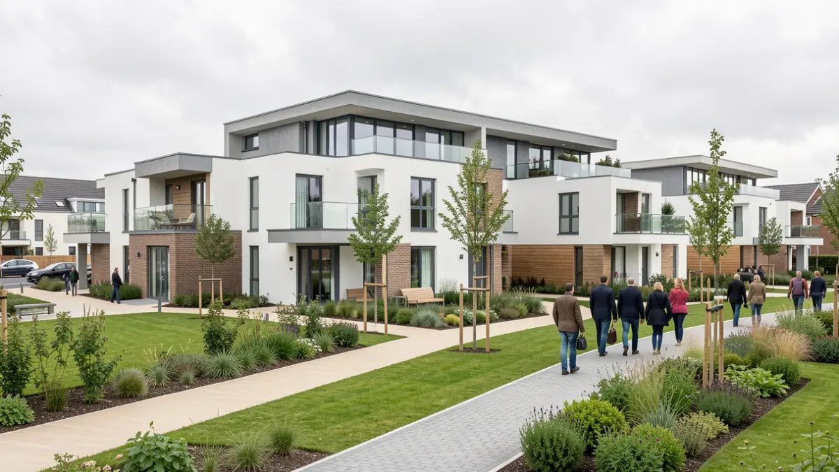 Generic image of a new housing development with green spaces and modern architecture.
