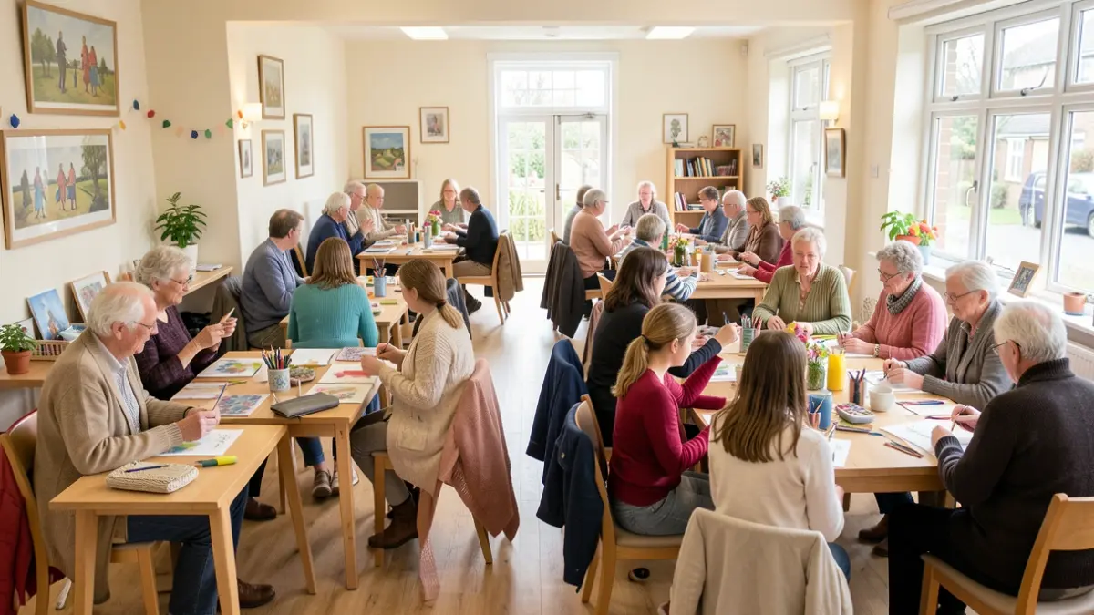 Generic image of people participating in community activities like art, dance, and group support sessions in a hall.